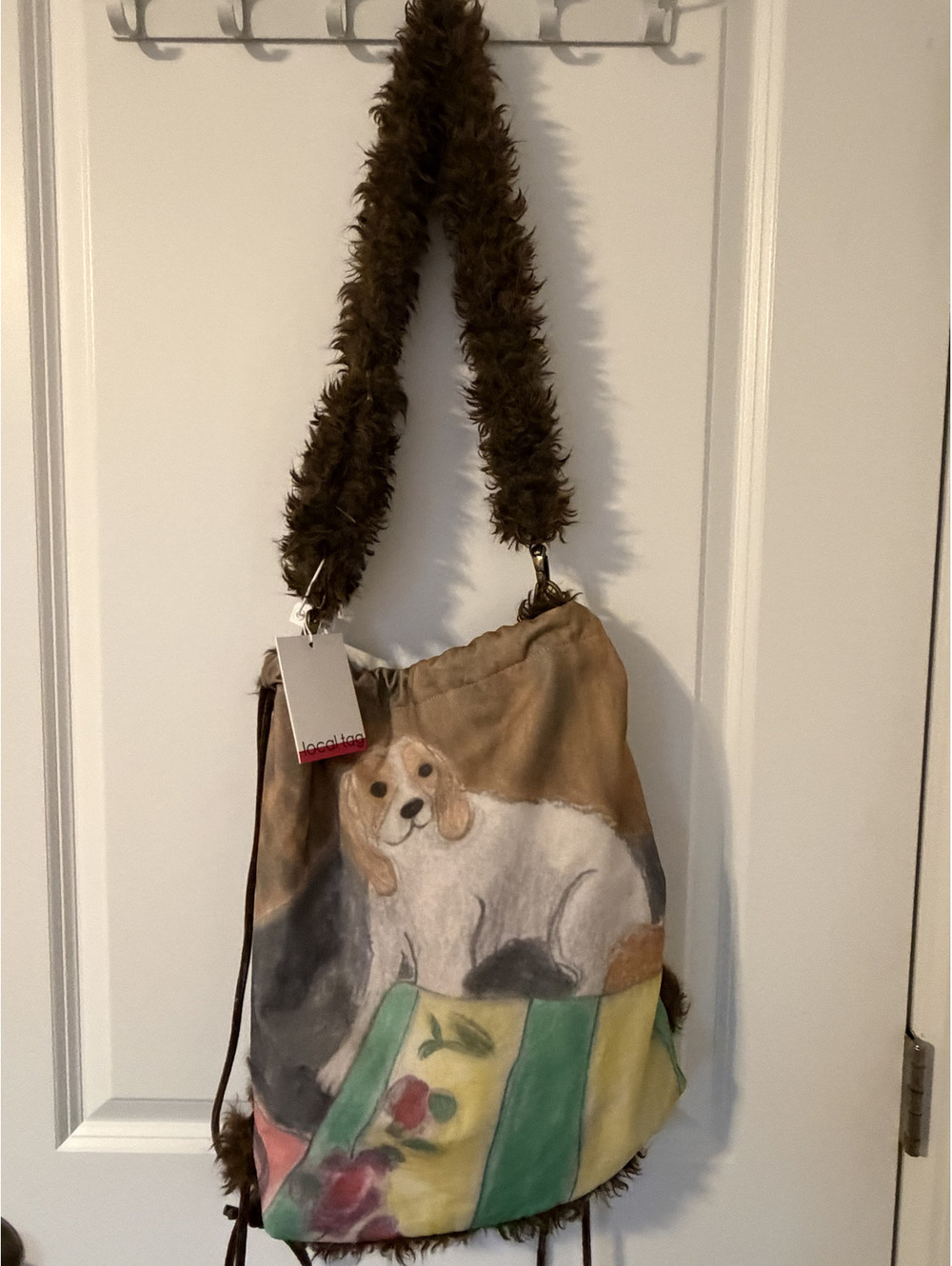 Unique Hand-Painted Dog Print Faux Fur Shoulder Bag with Drawstring Closure